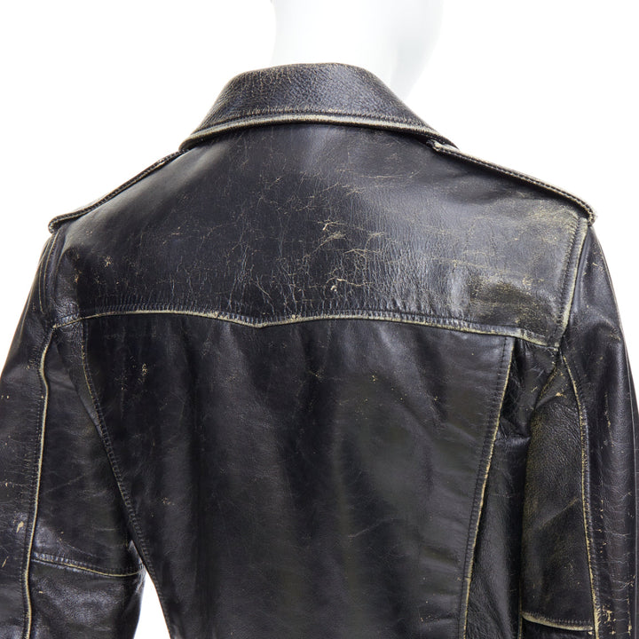 SAINT LAURENT 2015 black calfskin distressed classic biker jacket FR46 S