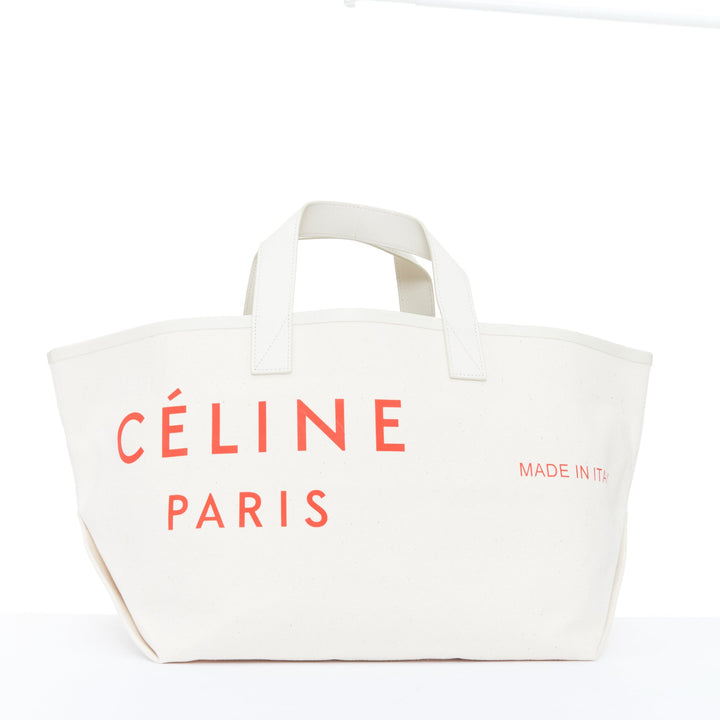 CELINE 2018 Made In white canvas cream leather trim small red logo open tote bag