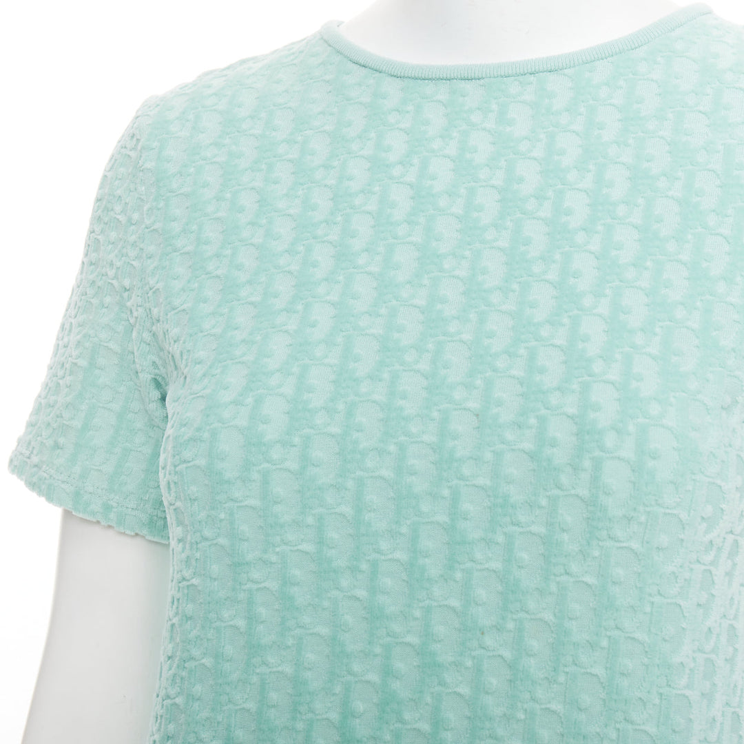 CHRISTIAN DIOR KIDS turquoise cotton velour monogram frill mini dress Yr12