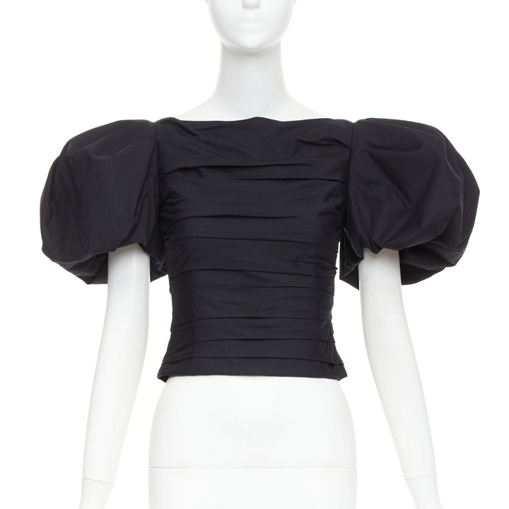KHAITE Kai black cotton poplin puff sleeve pleated front bateau crop top US0 XS