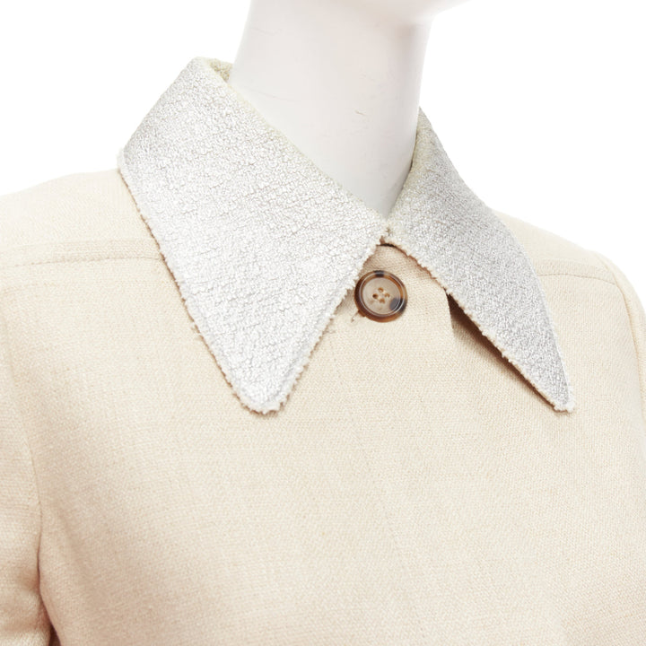 CARVEN beige linen cotton blend silver tweed collar button boxy jacket FR38 M