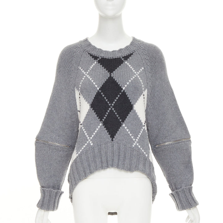 ALEXANDER MCQUEEN 2017 grey wool argyle intarsia zipper trim high low sweater S