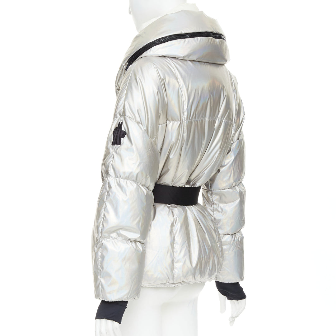 MONCLER Ollignan holographic silver duo collar belted puffer ski  jacket Sz.0 XS