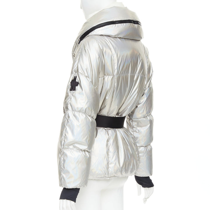 MONCLER Ollignan holographic silver duo collar belted puffer ski  jacket Sz.0 XS
