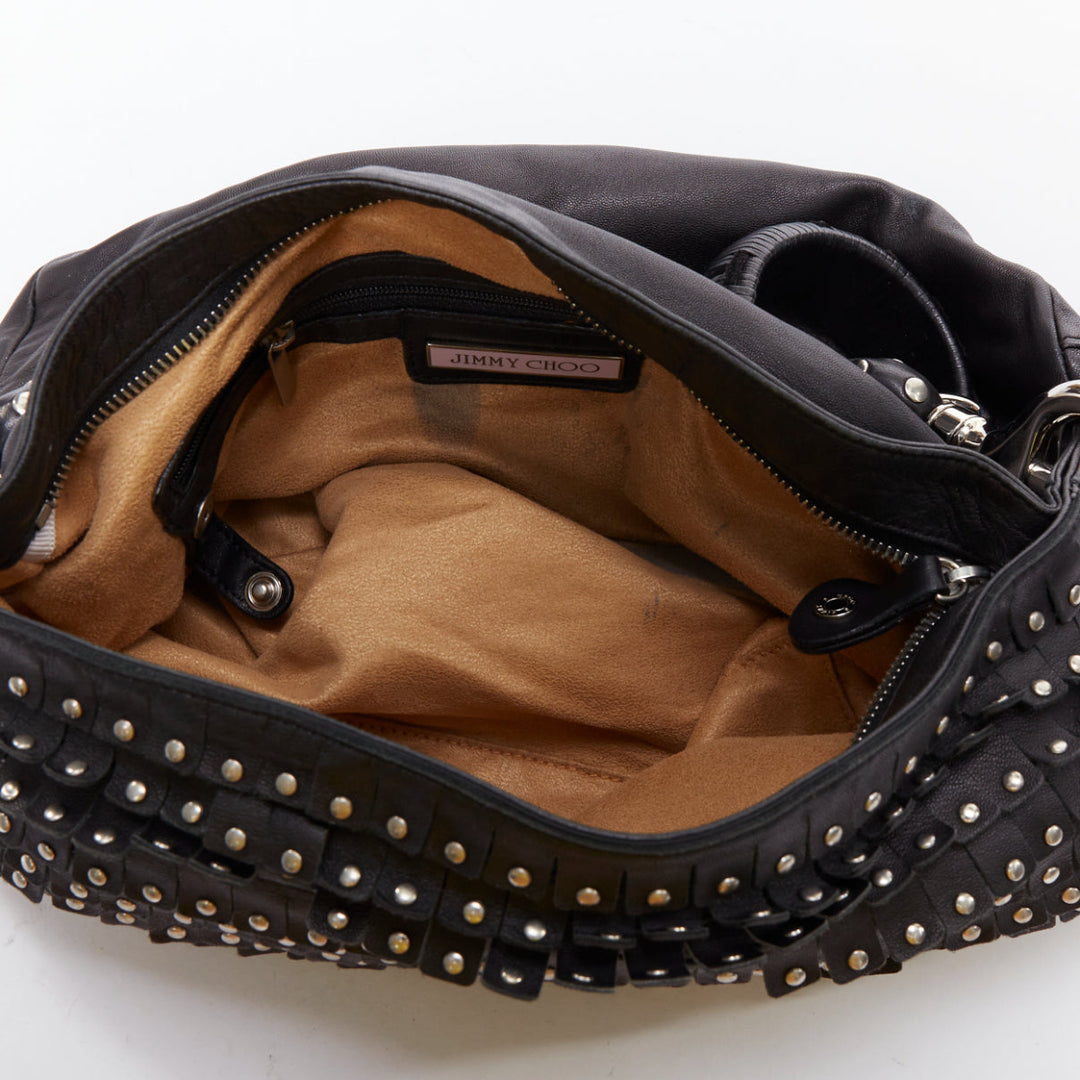 JIMMY CHOO Sky black studded suede fringe cuff strap hobo bag