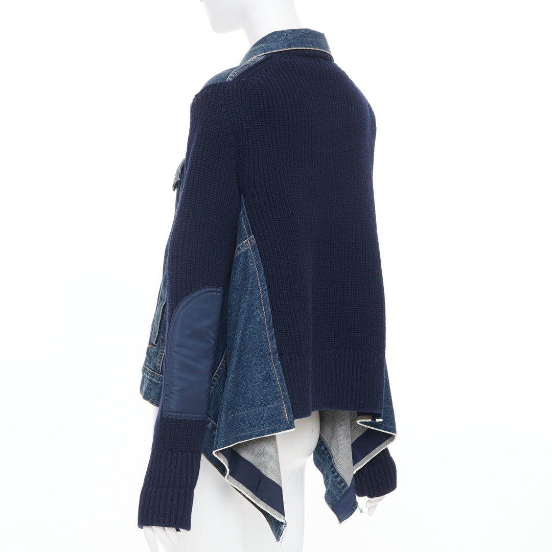 SACAI 2020 Denim Knit Hybrid asymmetric raw hem blue cotton jacket JP2 M