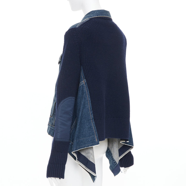 SACAI 2020 Denim Knit Hybrid asymmetric raw hem blue cotton jacket JP2 M