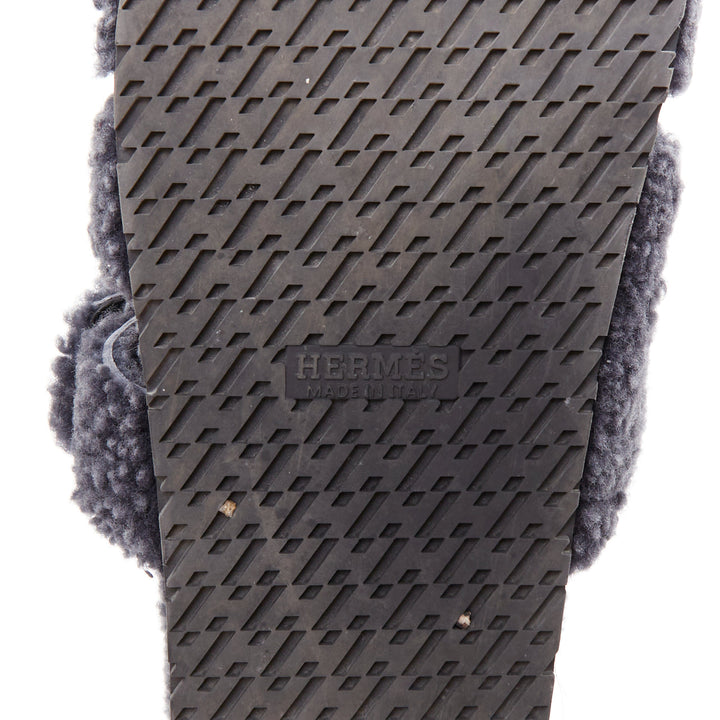 HERMES Chypre grey shearling H adjustable strap techno sandal EU41