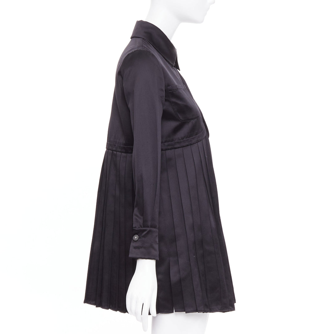 CHANEL black 100% silk pocketed gun flap pleated tunic shirt dress FR34 XS