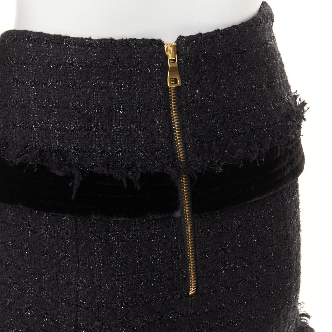BALMAIN black cotton blend metallic tweed gold buttons foldover skirt FR34 XS
