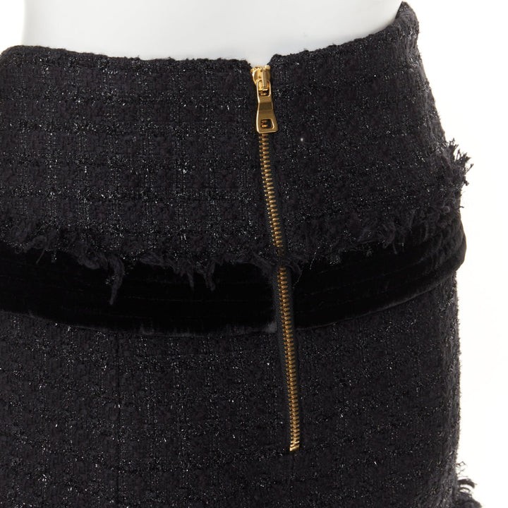 BALMAIN black cotton blend metallic tweed gold buttons foldover skirt FR34 XS