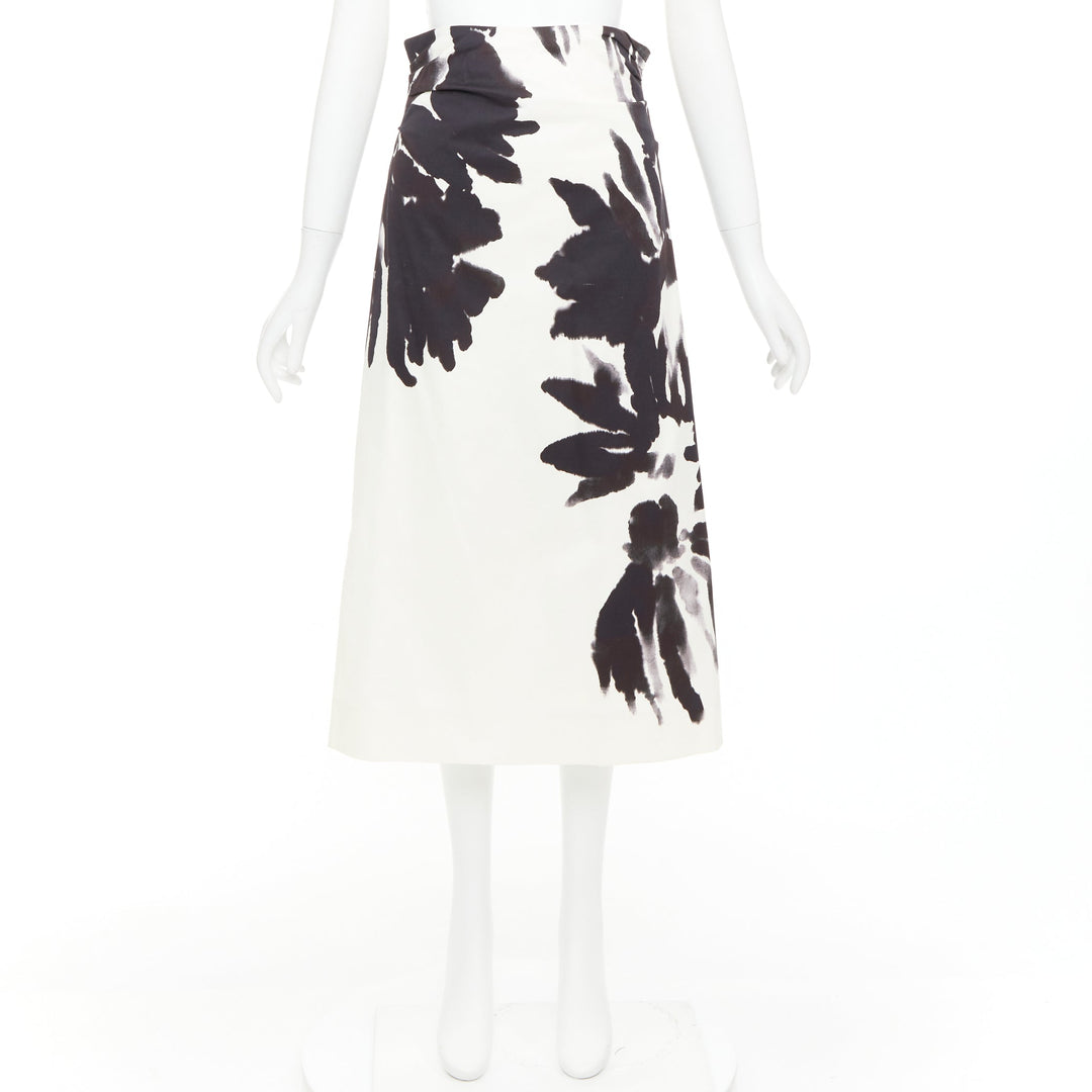 DRIES VAN NOTEN black white cotton watercolor floral print midi skirt FR38 M