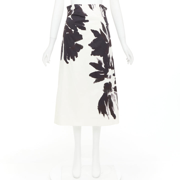 DRIES VAN NOTEN black white cotton watercolor floral print midi skirt FR38 M
