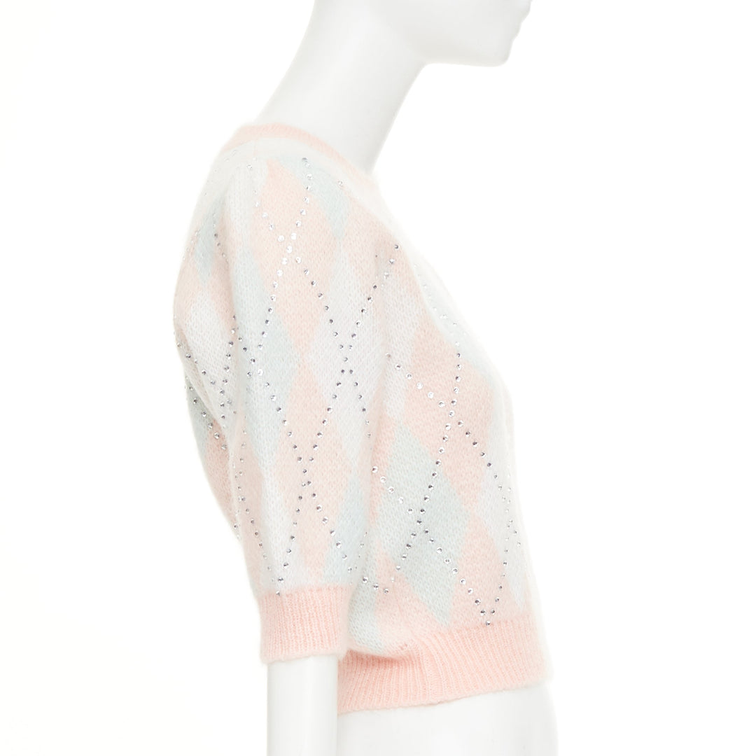 ALESSANDRA RICH Crystal pink argyle checked mohair blend top IT38 XS