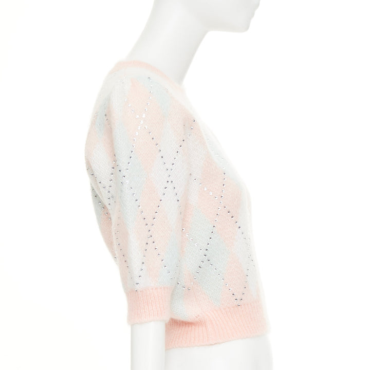 ALESSANDRA RICH Crystal pink argyle checked mohair blend top IT38 XS