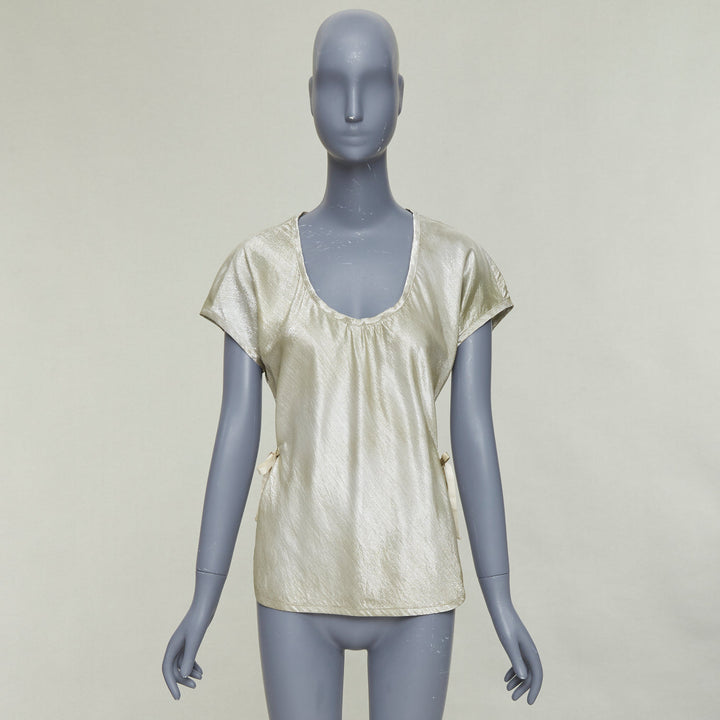 PRADA Linea Rossa Vintage silver silk blend lame scoop neck side ties top IT40 M