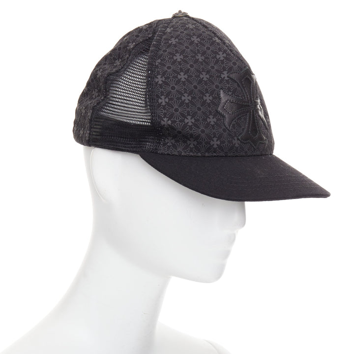 CHROME HEARTS black lambskin leather cemetery cross patch trucker cap 53-60cm
