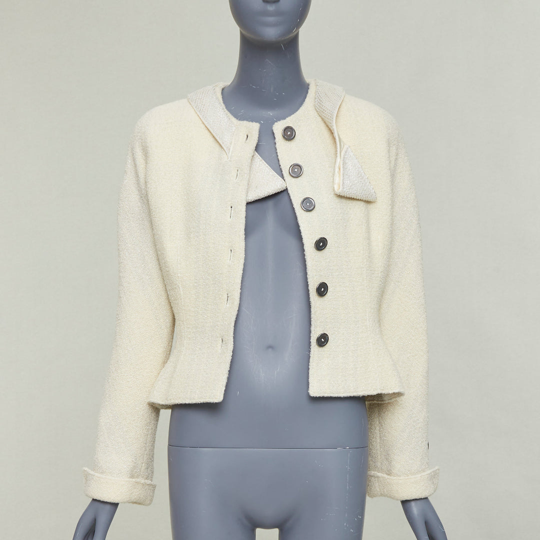 VALENTINO BOUTIQUE Vintage cream wool tweed beaded collar contour bar jacket US8