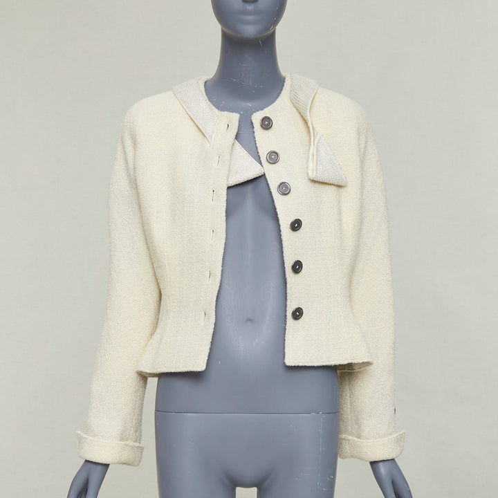 VALENTINO BOUTIQUE Vintage cream wool tweed beaded collar contour bar jacket US8
