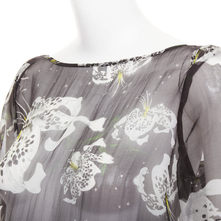 ERDEM 100% silk black yellow sheer floral waterfall frill babydoll top UK10 M