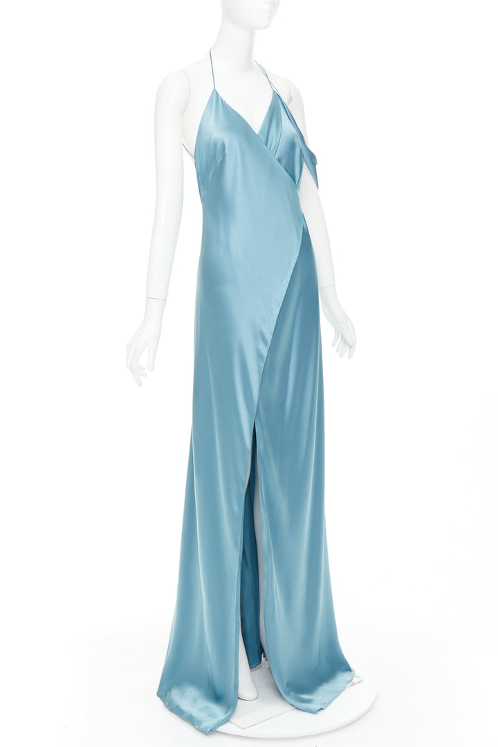 MICHELLE MASON teal blue 100% silk strappy cowl wrap high slit gown dress US4 S
