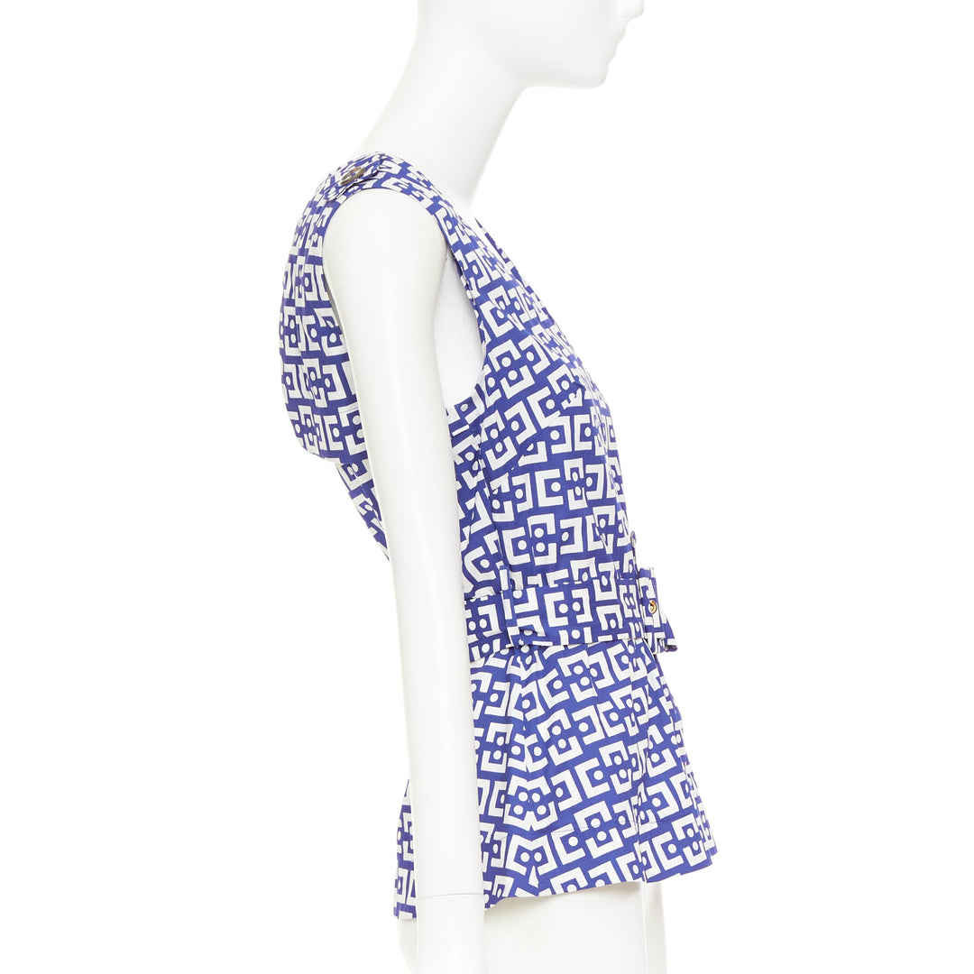 MARNI 2013 blue white cotton geometric print belted peplum V-neck top IT40 S