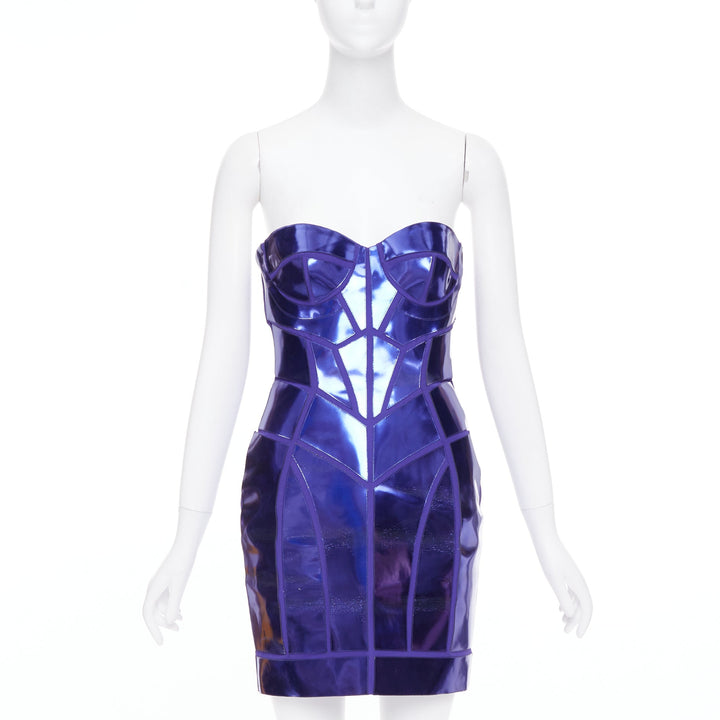 VERSACE 2010 Runway blue metallic silk leather corseted dress IT38 XS Katy Perry
