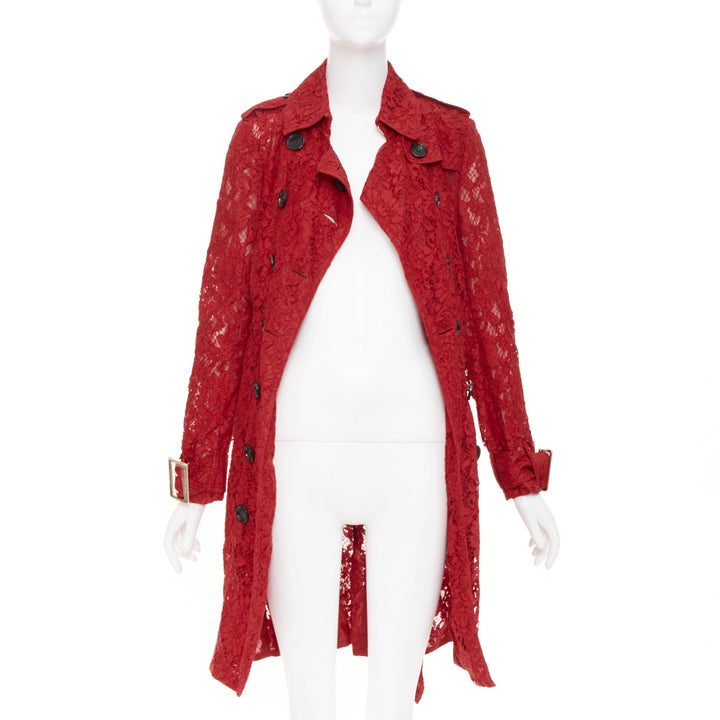 BURBERRY 2016 Kensington red floral lace belted double breasted trench coat