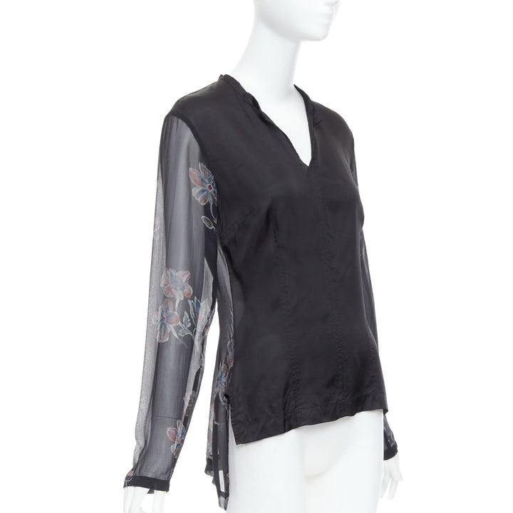 DRIES VAN NOTEN 1990s Vintage 100% silk floral sheer sleeve hi low blouse FR38 M