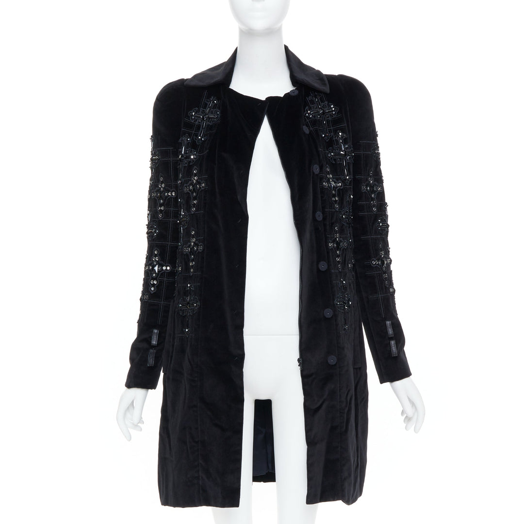 VERSACE 2012 runway black velvet gothic Byzantine cross flared zip coat IT38 XS
