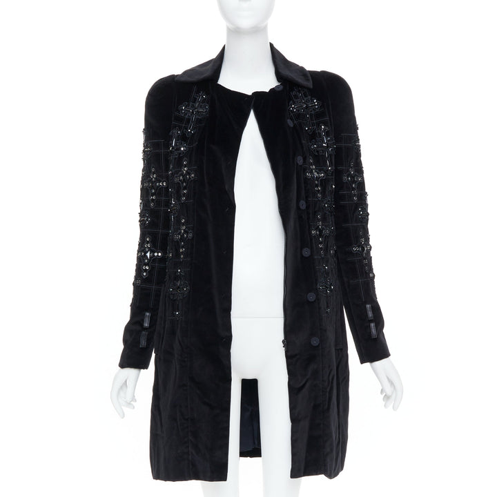 VERSACE 2012 runway black velvet gothic Byzantine cross flared zip coat IT38 XS