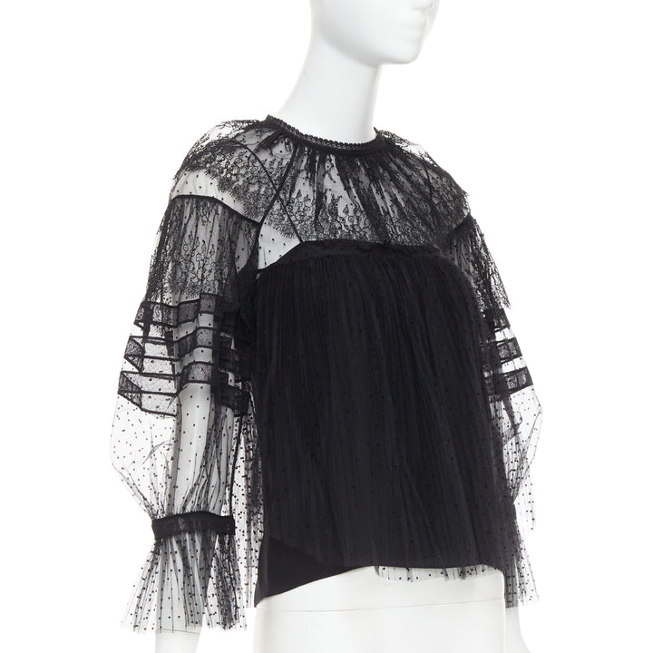 CHRISTIAN DIOR 2017 black sheer polka dot smocked lace Victorian top FR34 XS