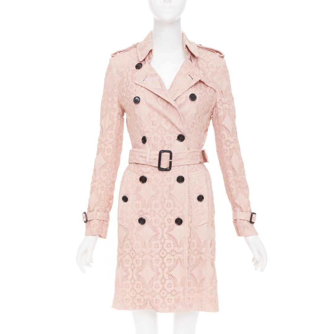 BURBERRY 2016 Kensington pink lace double breasted belted trench coat UK8 S