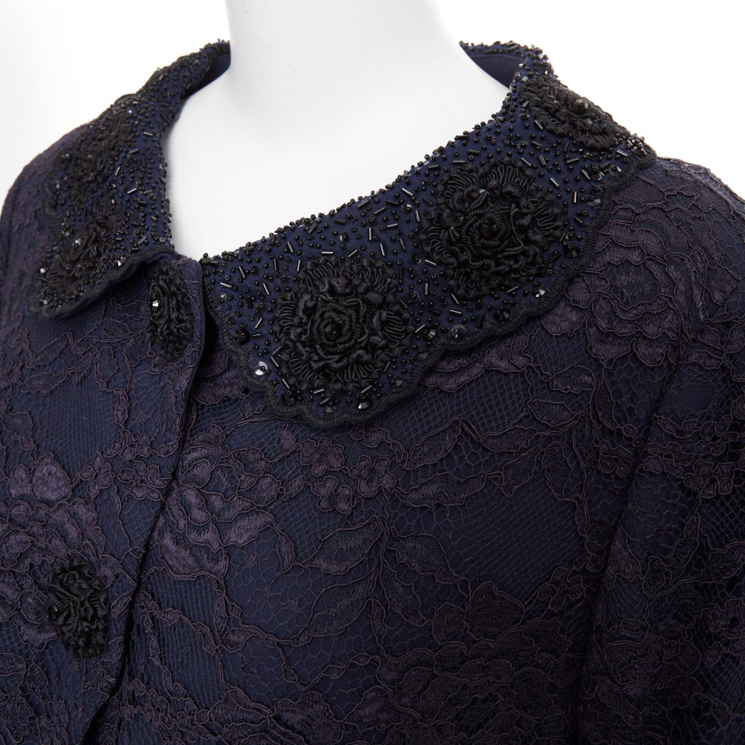 ESCADA Vintage navy lace floral bead embellished collar cropped jacket FR44 2XL