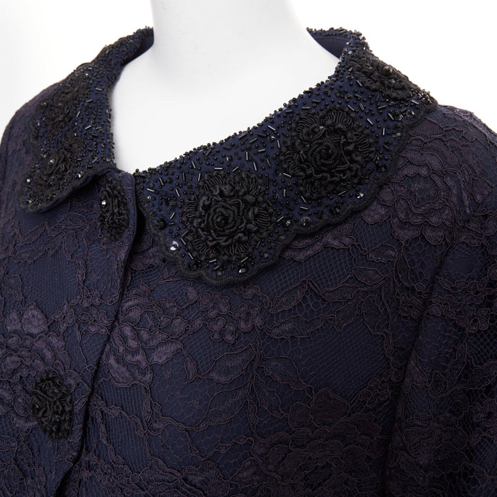 ESCADA Vintage navy lace floral bead embellished collar cropped jacket FR44 2XL