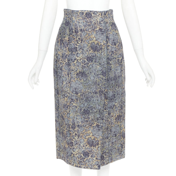 DIOR Brocart blue beige floral brocade denim knee skirt FR36 S
