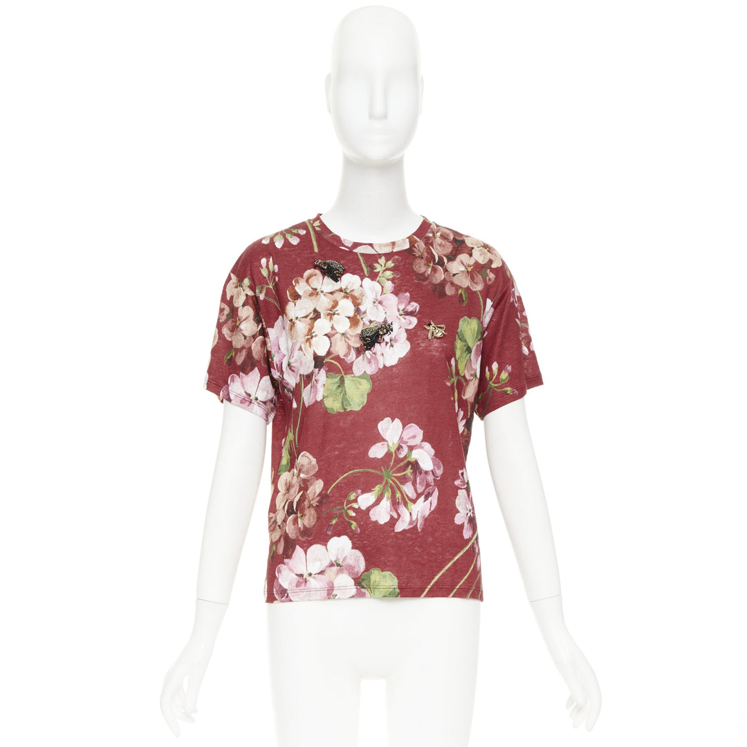 GUCCi Blooms burgundy pink floral print cotton Embellished insect t-shirt M