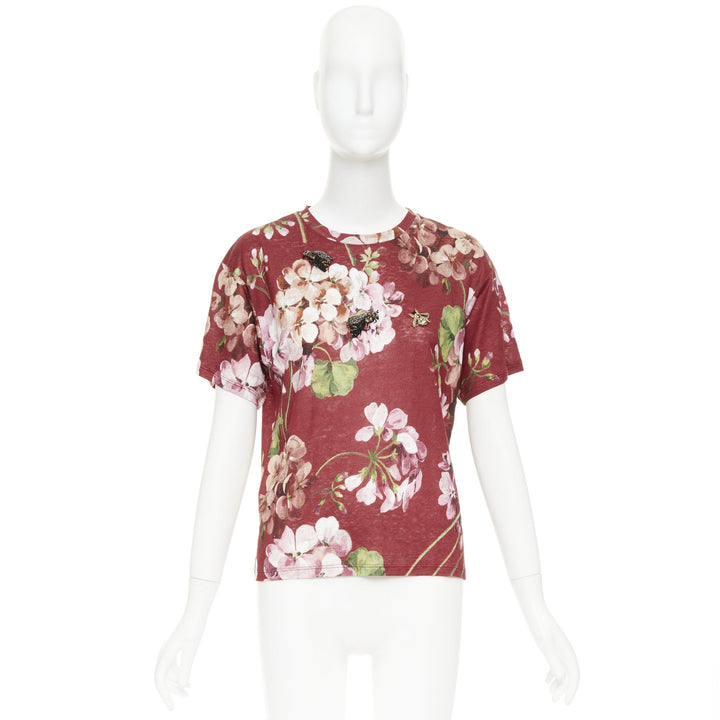 GUCCi Blooms burgundy pink floral print cotton Embellished insect t-shirt M