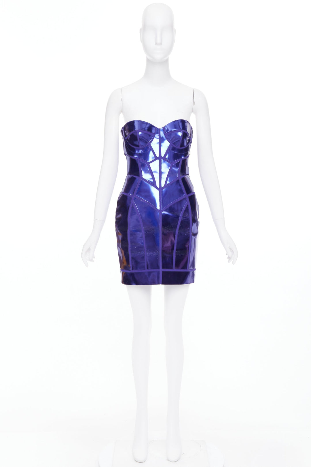 VERSACE 2010 Runway blue metallic silk leather corseted dress IT38 XS Katy Perry