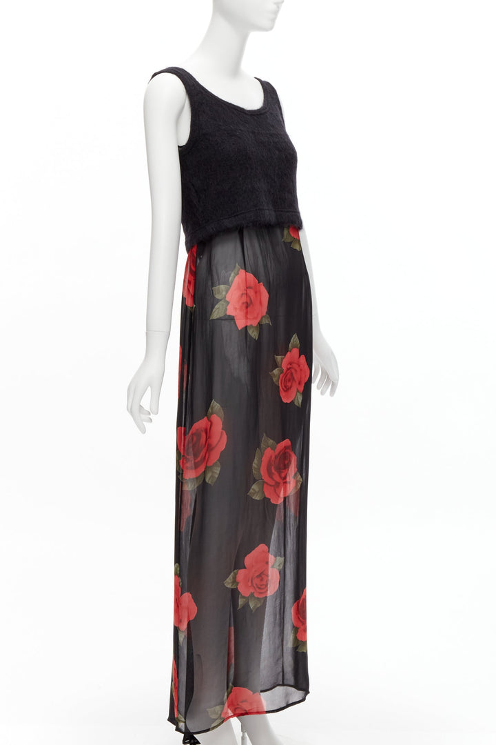 DOLCE GABBANA Vintage sheer red rose dress black cropped sweater vest set IT42 M