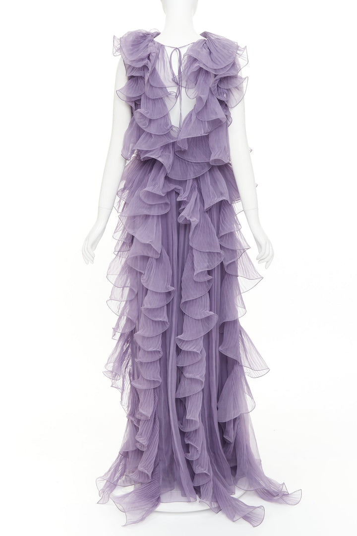 ALBERTA FERRETTI Vintage purple sheer silk tier ruffle evening gown dress IT40 S