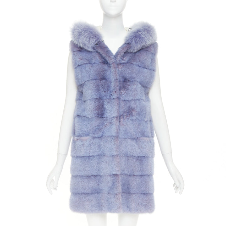 SIMONETTA RAVIZZA blue purple ombre  mink fur hooded vest coat IT42 M