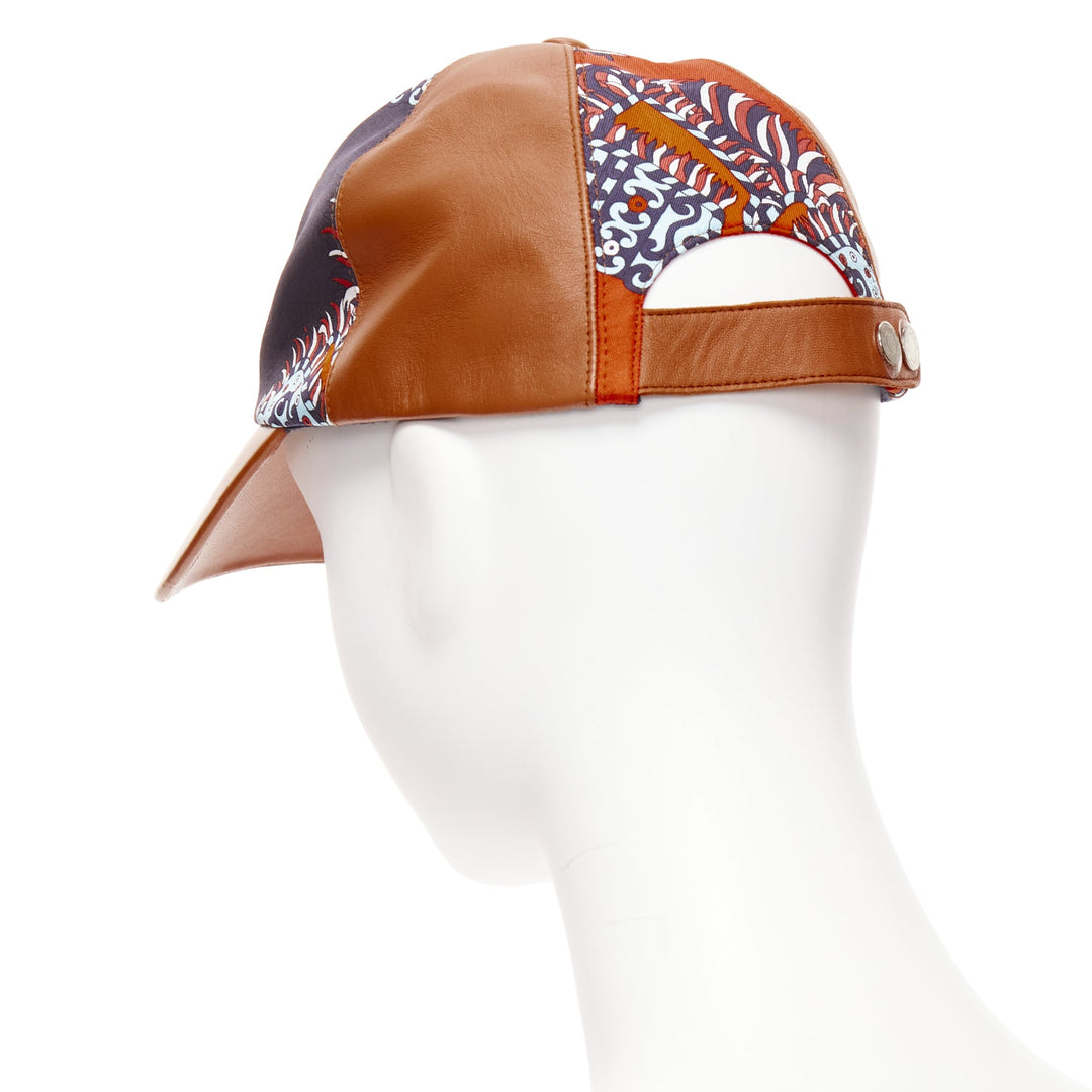 HERMES brown lambskin leather navy orange cotton silk scarf patch cap 58cm