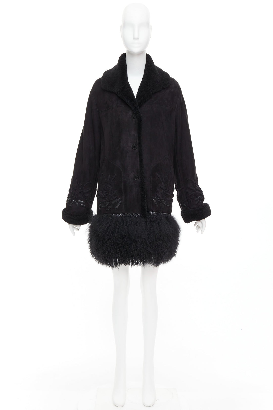 ERMANNO SCERVINO black multi sheep shearling leather embroidered coat IT40 S