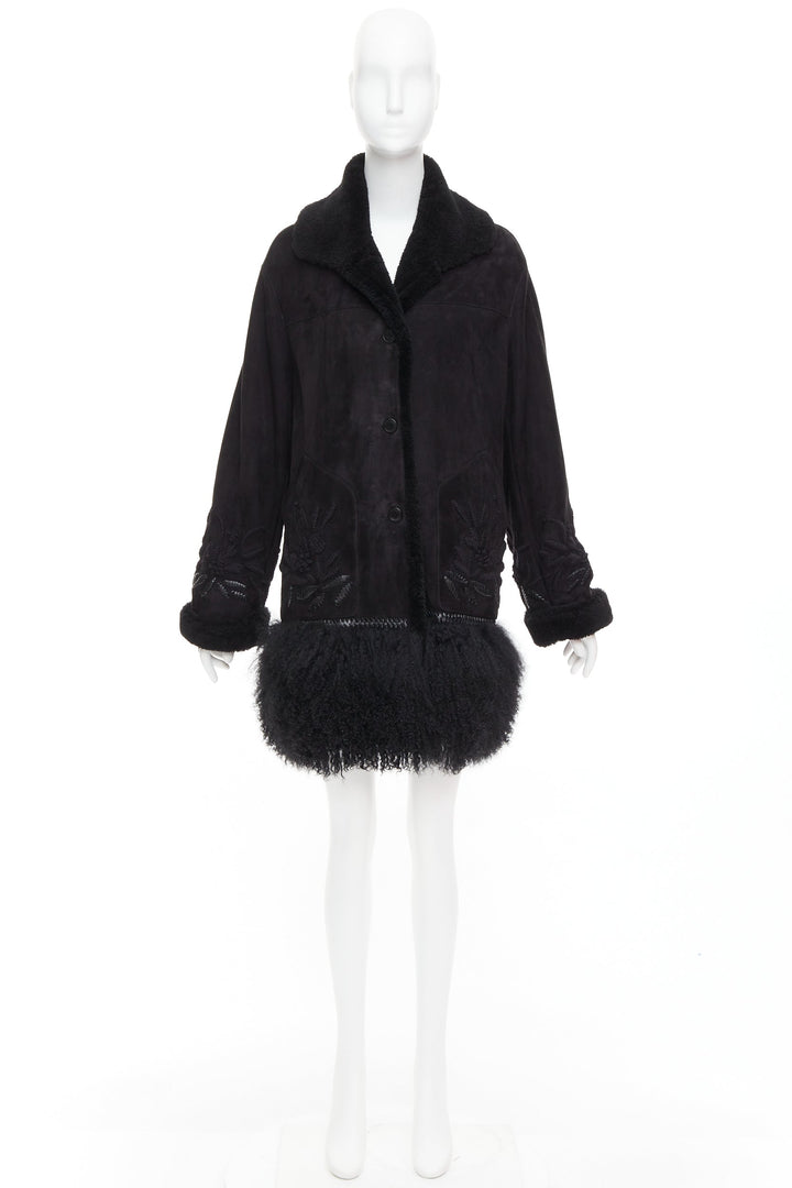 ERMANNO SCERVINO black multi sheep shearling leather embroidered coat IT40 S