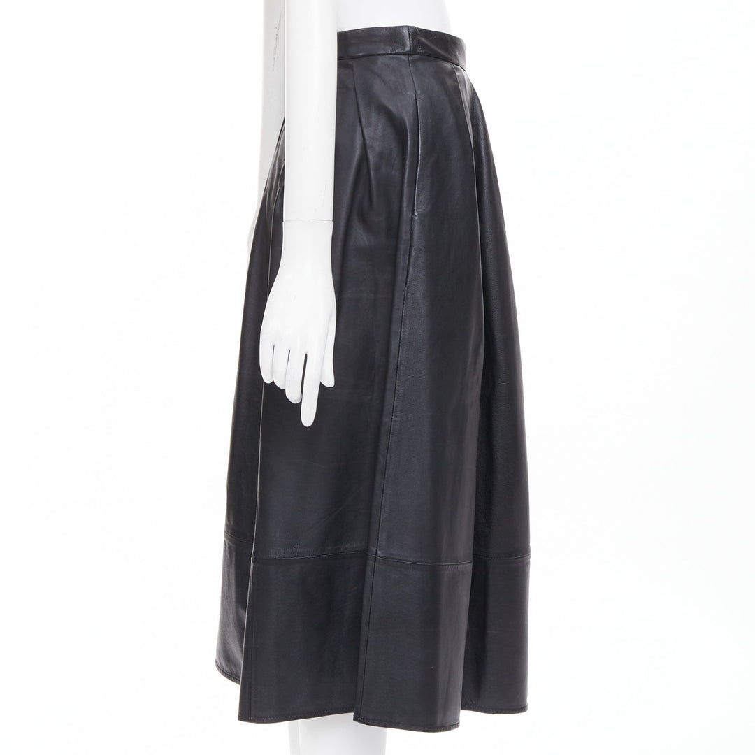 TIBI black lambskin pleated high waist full flare a line midi skirt US0 XS