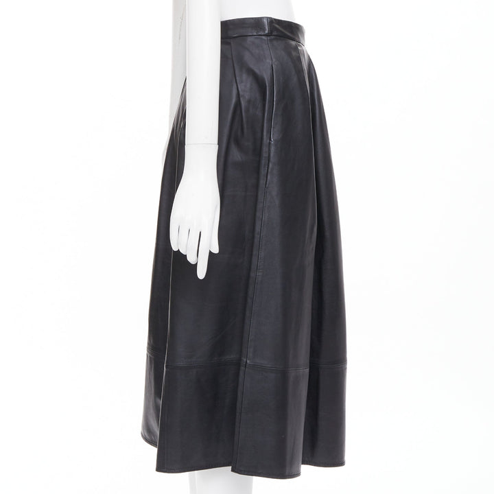 TIBI black lambskin pleated high waist full flare a line midi skirt US0 XS
