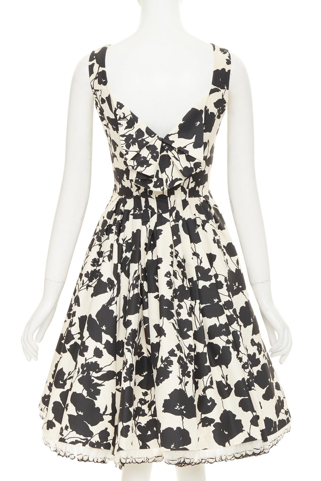 OSCAR DE LA RENTA R08  poppy floral black white silk feather hem dress US0 XXS