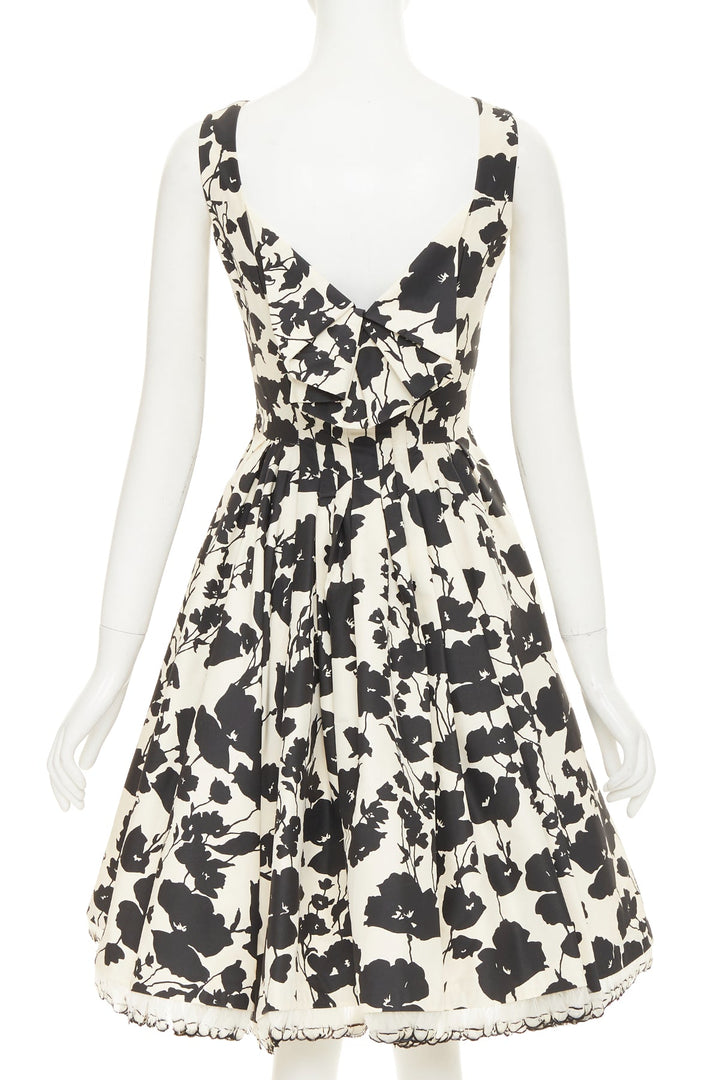 OSCAR DE LA RENTA R08  poppy floral black white silk feather hem dress US0 XXS