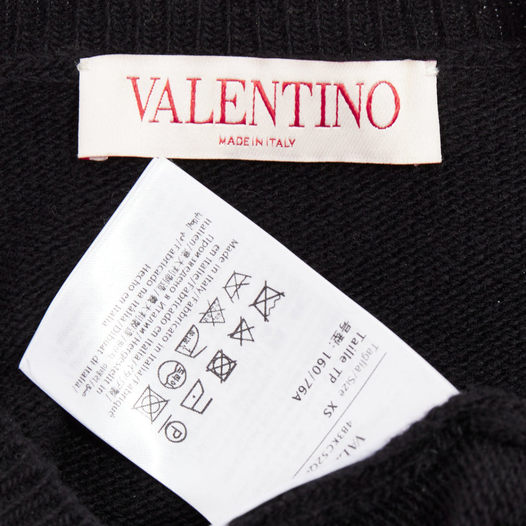 VALENTINO 2024 black virgin wool cream 3D Flower cuff crew neck sweater XS